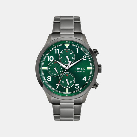 Timex TWEG23903 Green Dial Round Case Analog Men Watch – Gunmetal Stainless Steel Bracelet, Quartz Movement