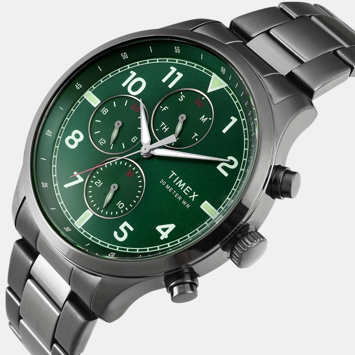 Timex TWEG23903 Green Dial Round Case Analog Men Watch – Gunmetal Stainless Steel Bracelet, Quartz Movement