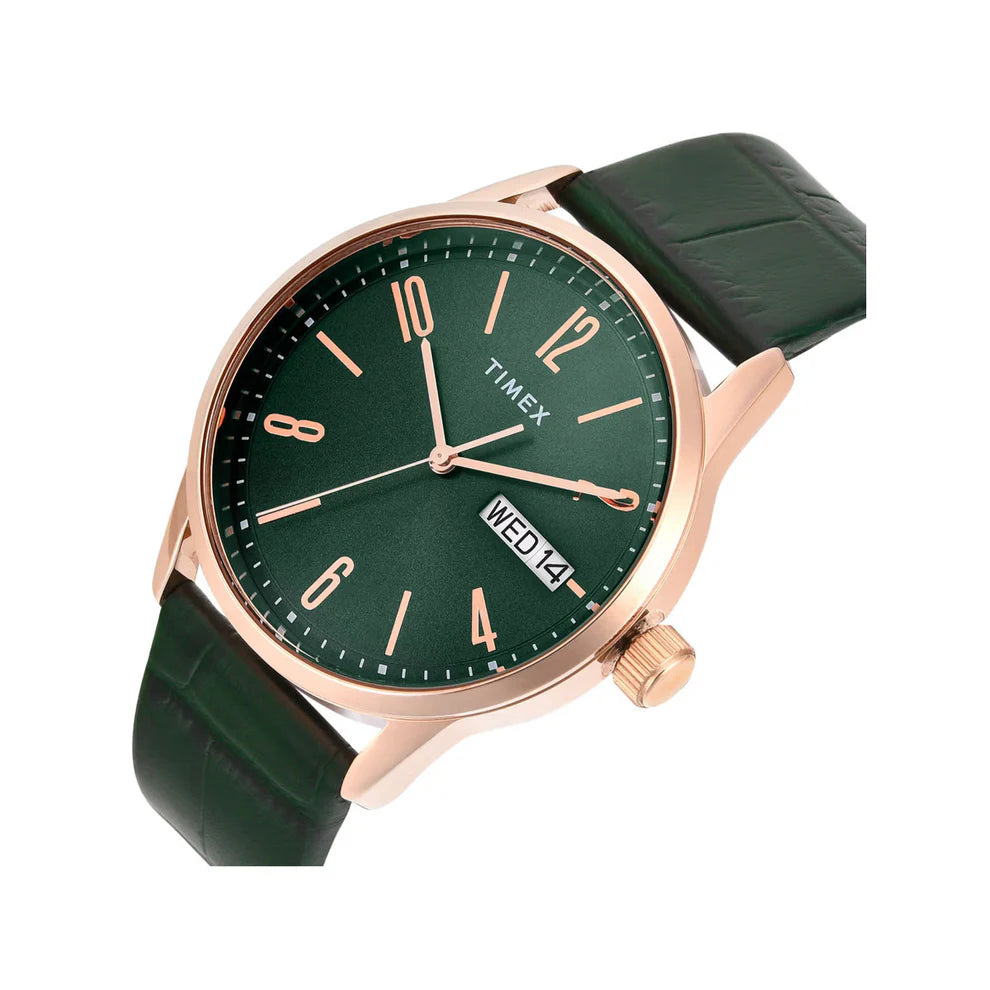 Timex TWEG25509 Men’s Green Dial Quartz Analog Round Leather Strap Watch