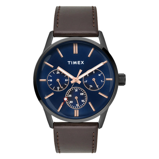 Timex TWEG25515 Trendline Quartz Analog Blue Dial Brown Leather Strap Men's Watch