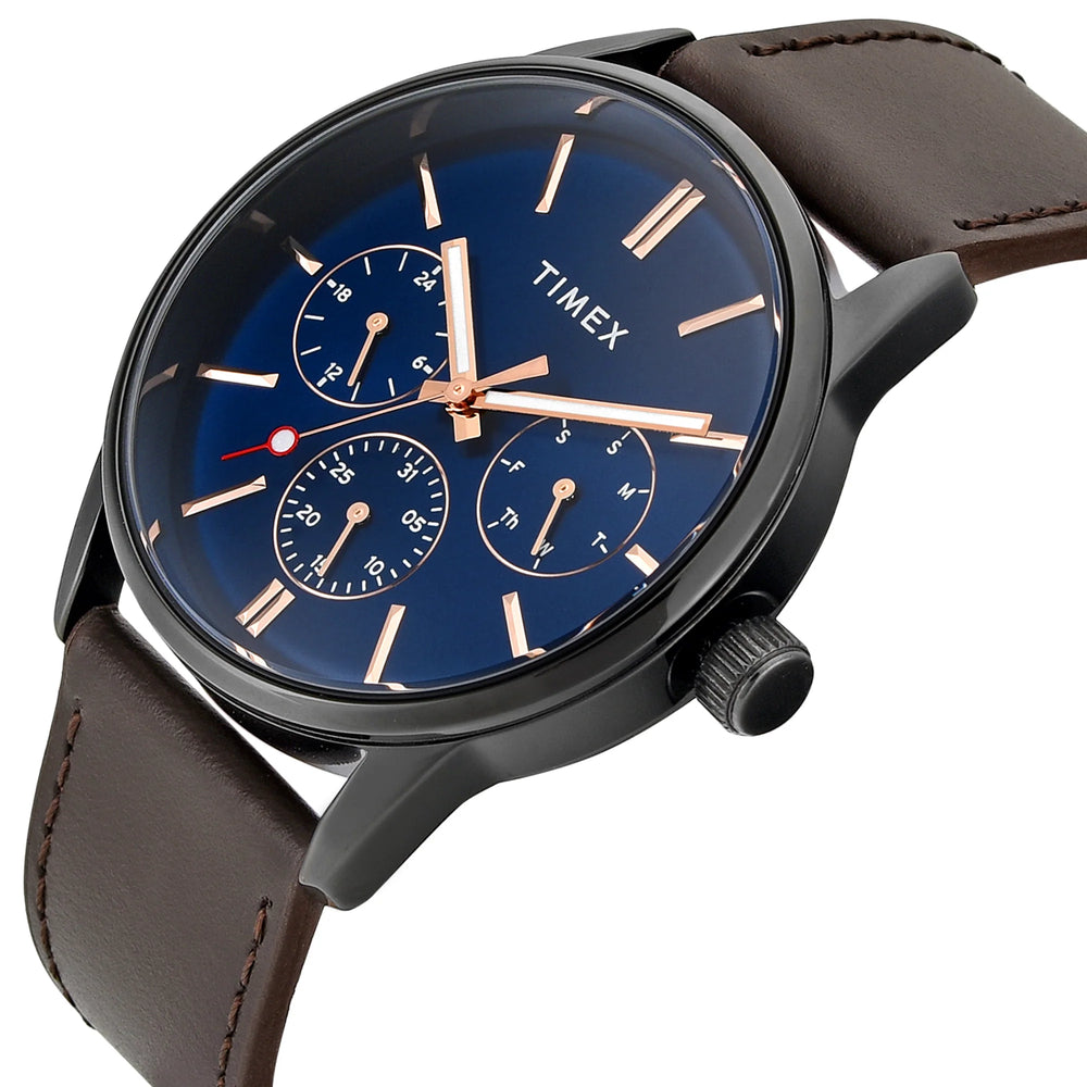 Timex TWEG25515 Trendline Quartz Analog Blue Dial Brown Leather Strap Men's Watch