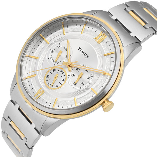 Timex TWEG28001 Men’s Silver Dial Quartz Multifunction Analog Round Stainless Steel Watch