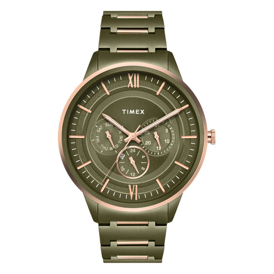 Timex TWEG28002 Men’s Green Dial Quartz Multifunction Analog Round Stainless Steel Watch