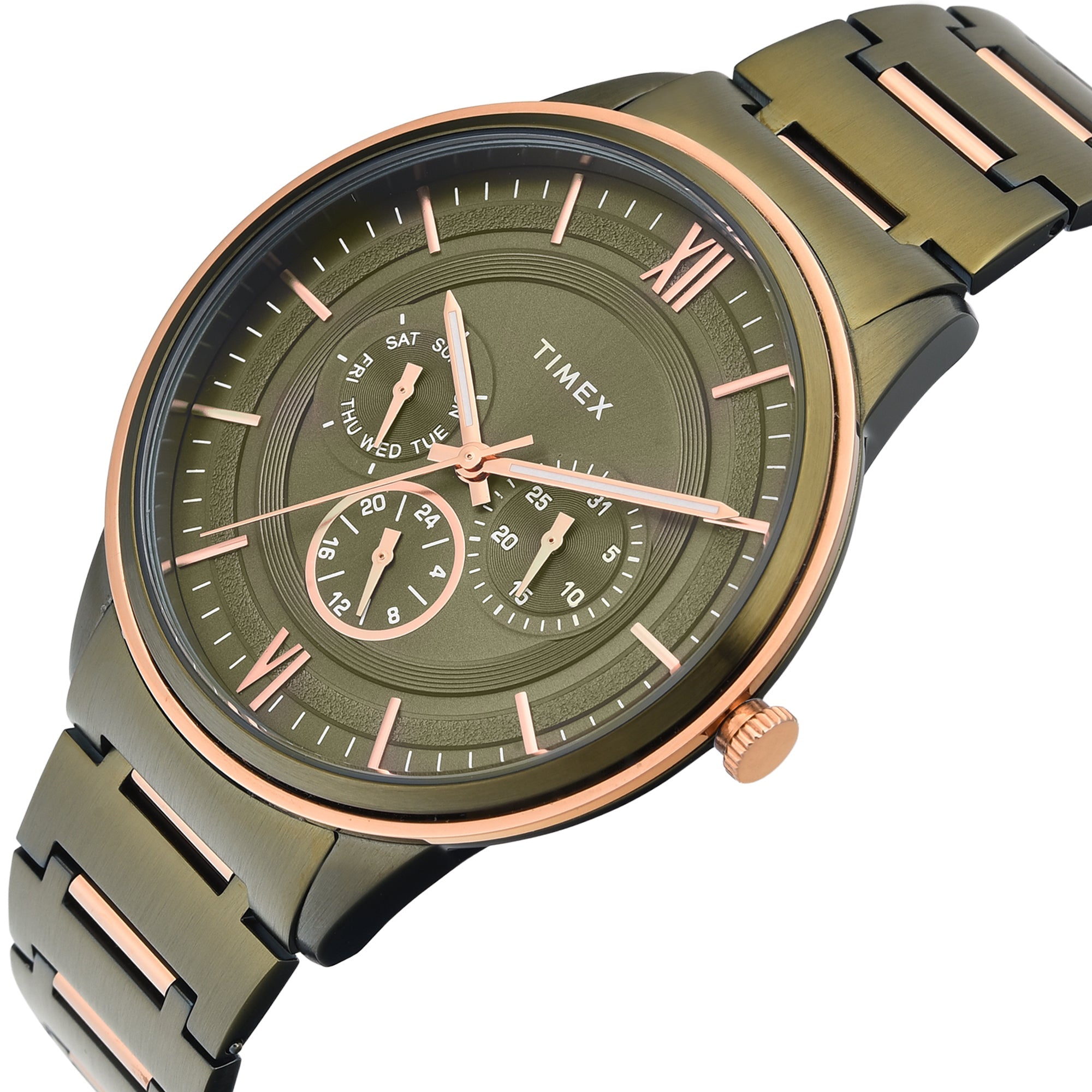 Timex TWEG28002 Men’s Green Dial Quartz Multifunction Analog Round Stainless Steel Watch