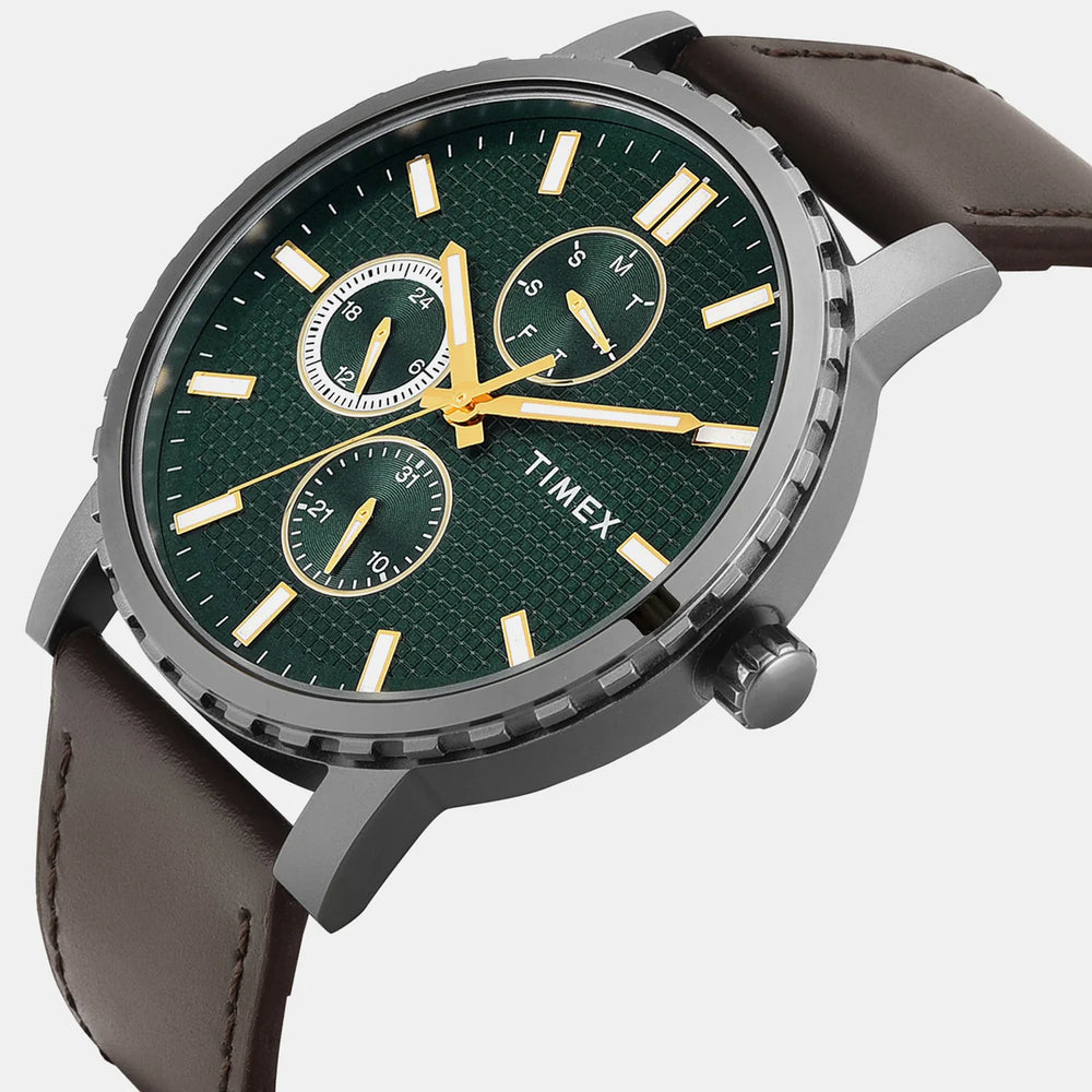 Timex TWEG34700 Trendline Quartz Multifunction Green Dial Brown Leather Strap Men's Watch