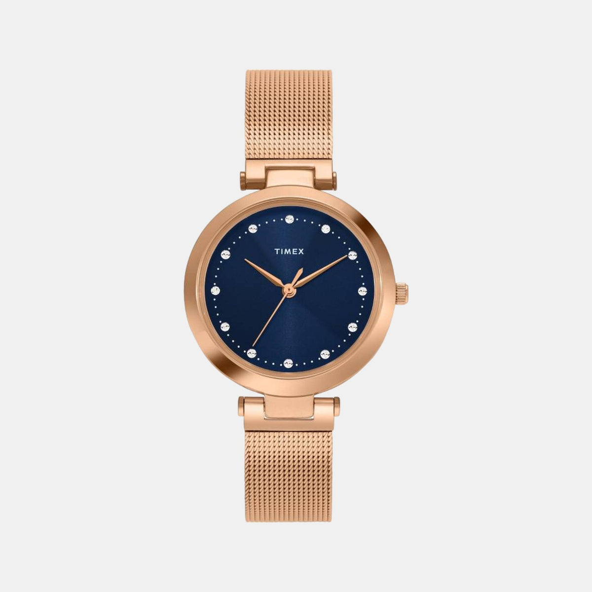 Timex TWEL11824 Rose Gold Mesh Strap Analog Women Watch – Blue Dial, Round Case, Quartz Movement