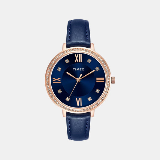 Timex TWEL14712 Blue Dial Analog Leather Strap Women Watch – Round Case, Quartz Movement