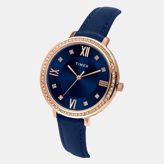 Timex TWEL14712 Blue Dial Analog Leather Strap Women Watch – Round Case, Quartz Movement