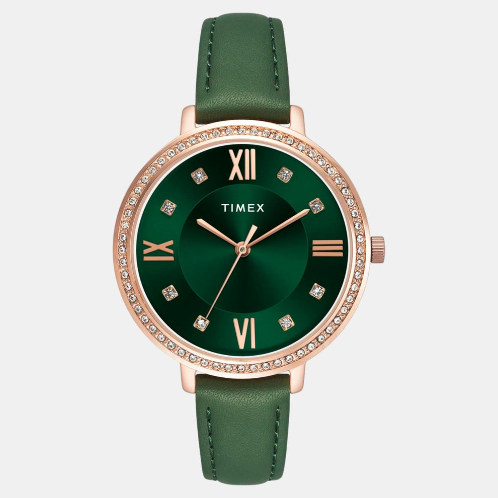 Timex TWEL14713 Women’s Green Dial Quartz Analog Round Leather Strap Watch