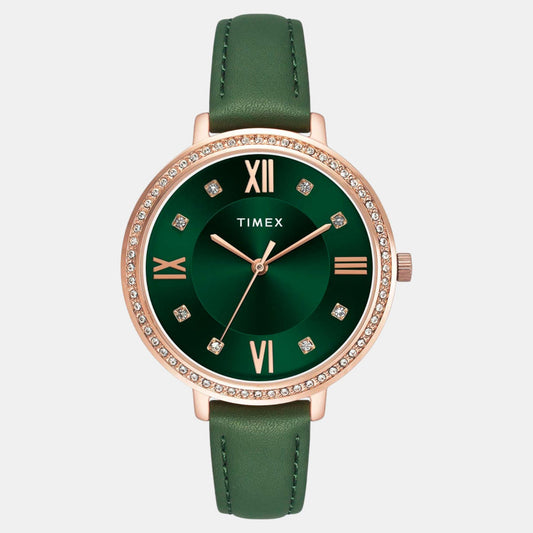 Timex TWEL14713 Women’s Green Dial Quartz Analog Round Leather Strap Watch