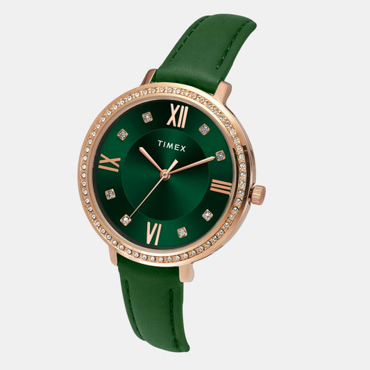 Timex TWEL14713 Women’s Green Dial Quartz Analog Round Leather Strap Watch