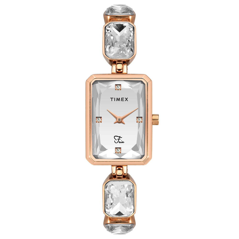 Timex TWEL16905 Quartz Analog Silver Rectangular Dial Rose Gold-Tone Brass Bracelet Watch For Female