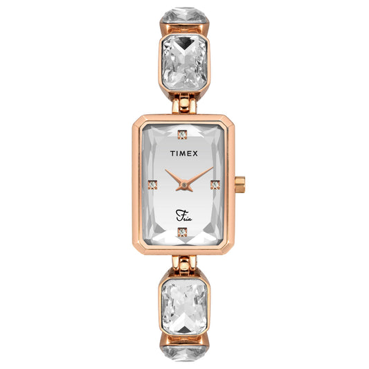 Timex TWEL16905 Quartz Analog Silver Rectangular Dial Rose Gold-Tone Brass Bracelet Watch For Female