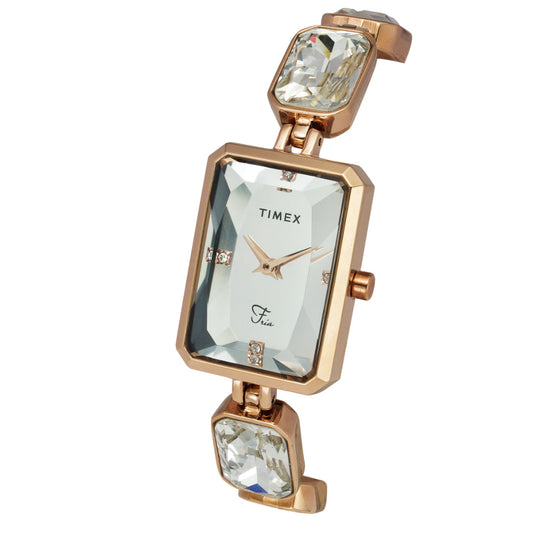 Timex TWEL16905 Quartz Analog Silver Rectangular Dial Rose Gold-Tone Brass Bracelet Watch For Female