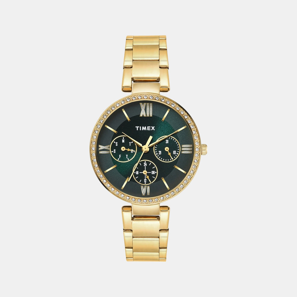 Timex TWEL18708 Women’s Green Dial Quartz Analog Round Gold Stainless Steel Watch