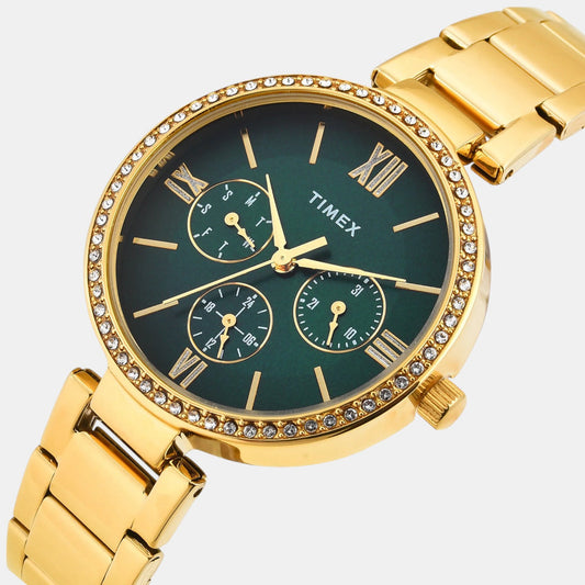 Timex TWEL18708 Women’s Green Dial Quartz Analog Round Gold Stainless Steel Watch