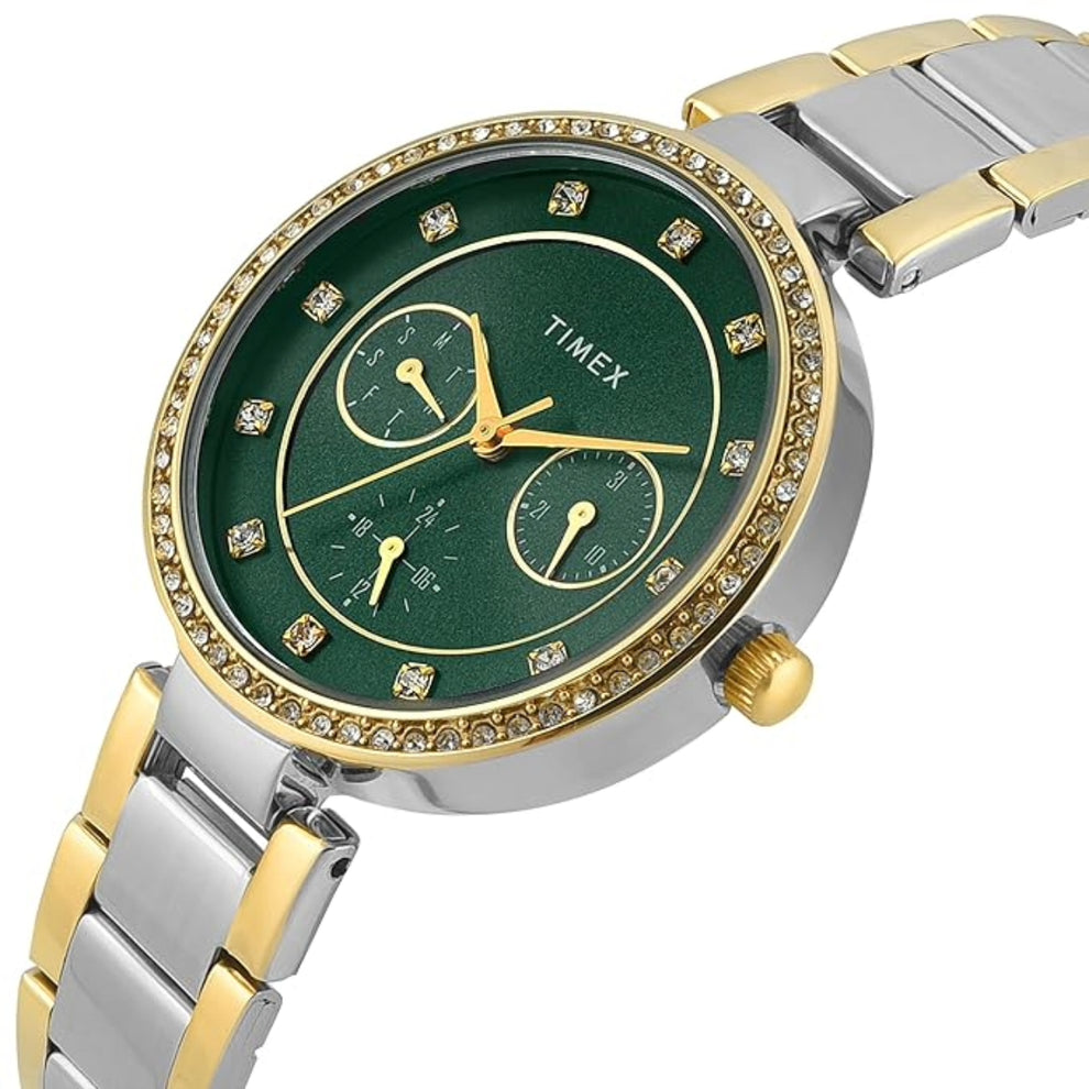 Timex TWEL18710 Green Round Dial Analog Watch for Women – Two-Tone Stainless Steel Strap, 35 MM Case