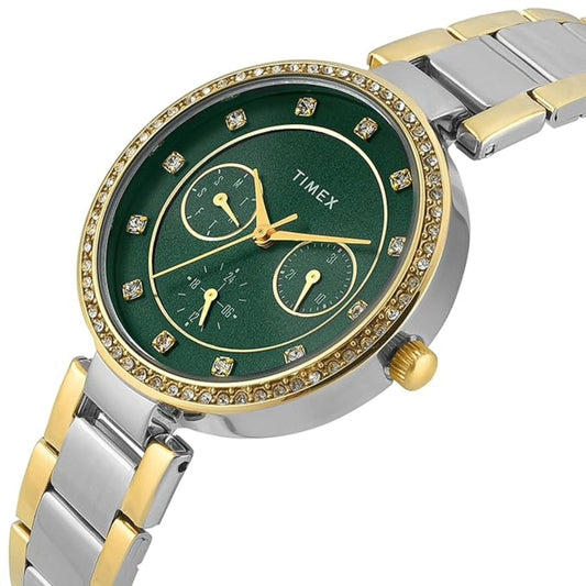 Timex TWEL18710 Green Round Dial Analog Watch for Women – Two-Tone Stainless Steel Strap, 35 MM Case