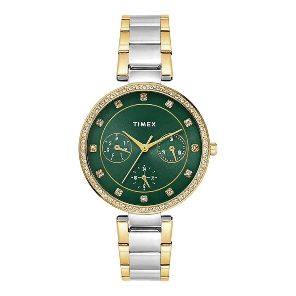 Timex TWEL18710 Green Round Dial Analog Watch for Women – Two-Tone Stainless Steel Strap, 35 MM Case