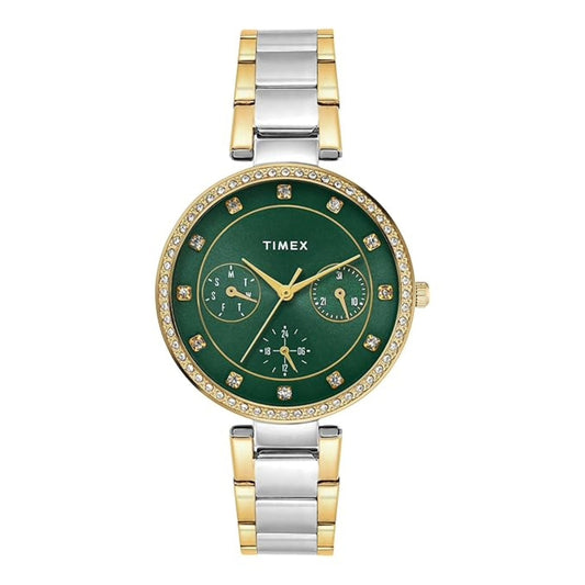 Timex TWEL18710 Green Round Dial Analog Watch for Women – Two-Tone Stainless Steel Strap, 35 MM Case
