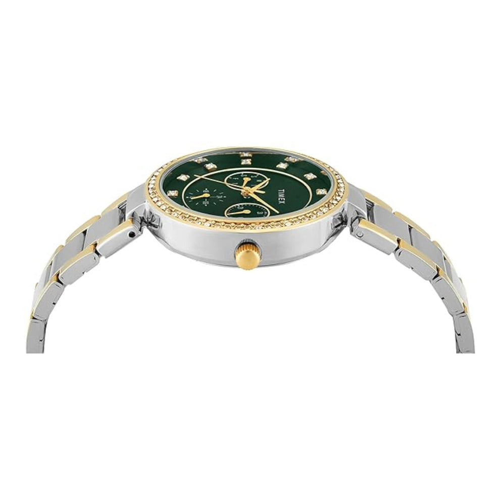 Timex TWEL18710 Green Round Dial Analog Watch for Women – Two-Tone Stainless Steel Strap, 35 MM Case