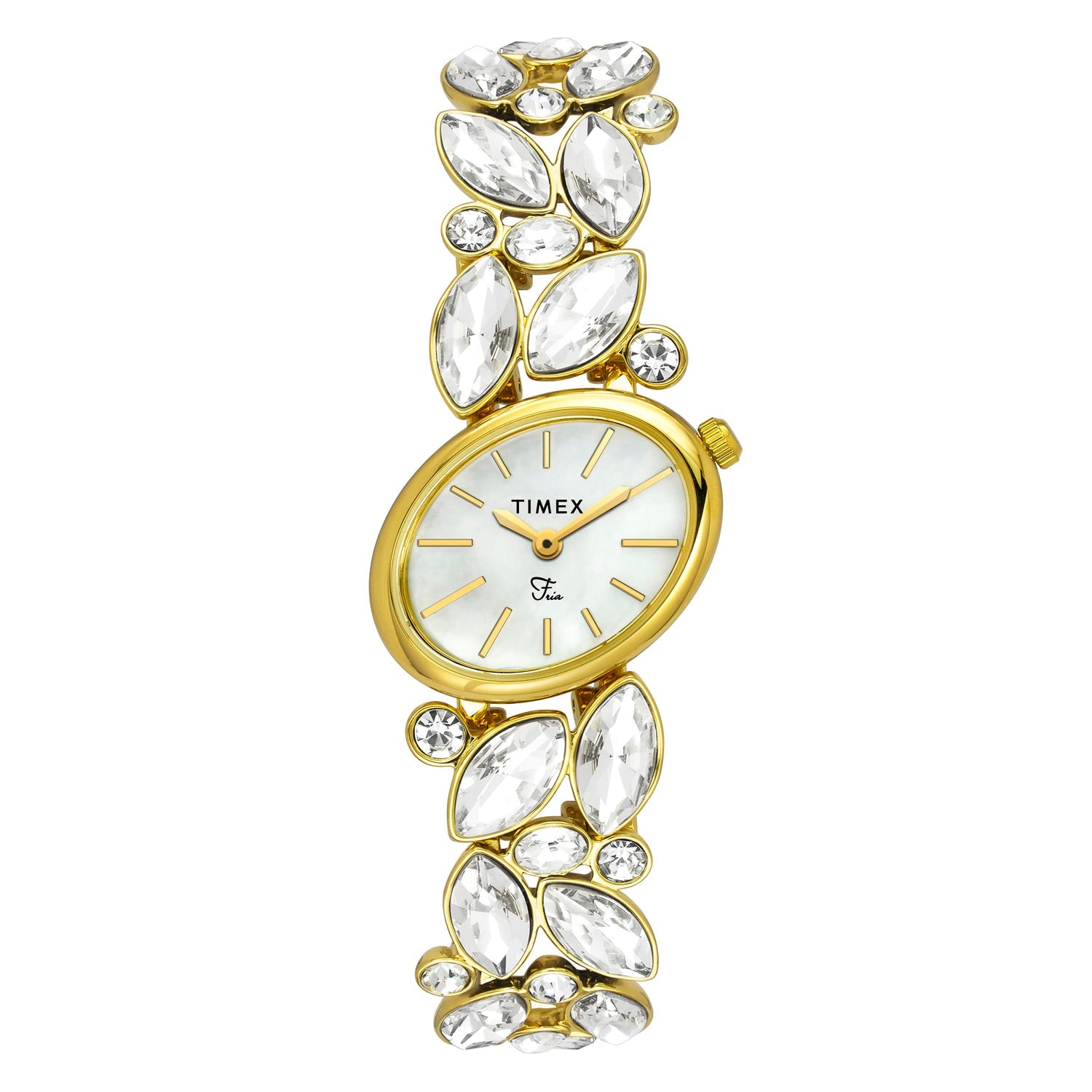 Timex TWEL20901 Quartz Analog Mother-of-Pearl White Oval Dial Gold-Tone Brass Bracelet Watch For Female