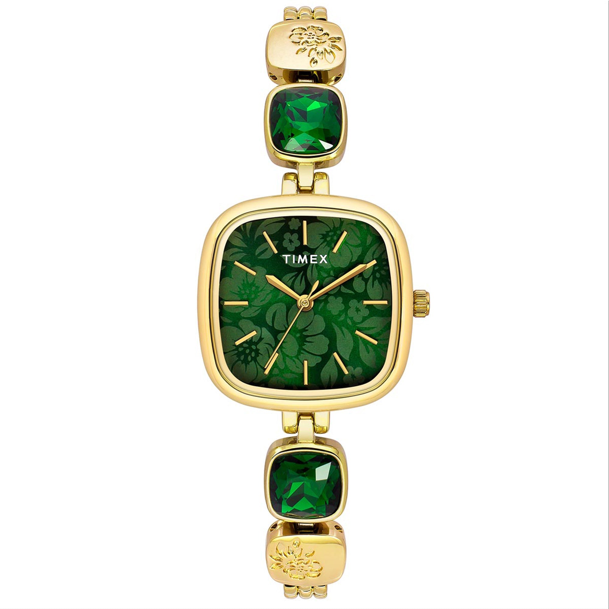 Timex TWEL21000 Quartz Analog Green Square Dial Gold-Tone Brass Bracelet Watch For Female