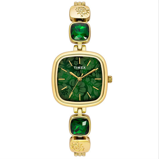 Timex TWEL21000 Quartz Analog Green Square Dial Gold-Tone Brass Bracelet Watch For Female