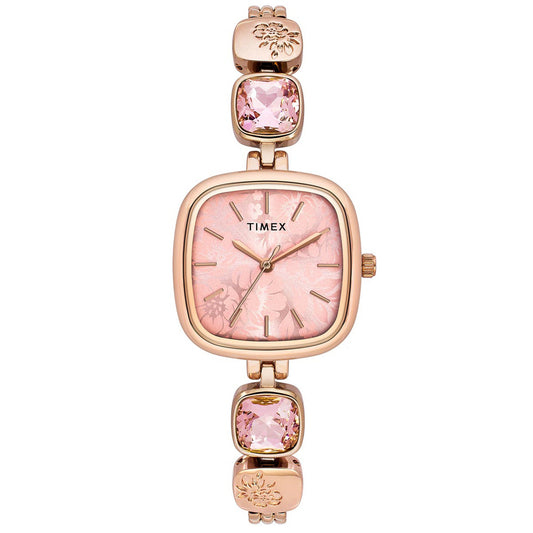 Timex TWEL21002 Quartz Analog Pink Square Dial Rose Gold-Tone Brass Bracelet Watch For Female