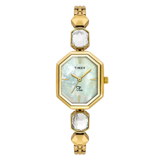 Timex TWEL21100 Quartz Analog Mother-of-Pearl White Octagonal Dial Gold-Tone Brass Bracelet Watch For Female
