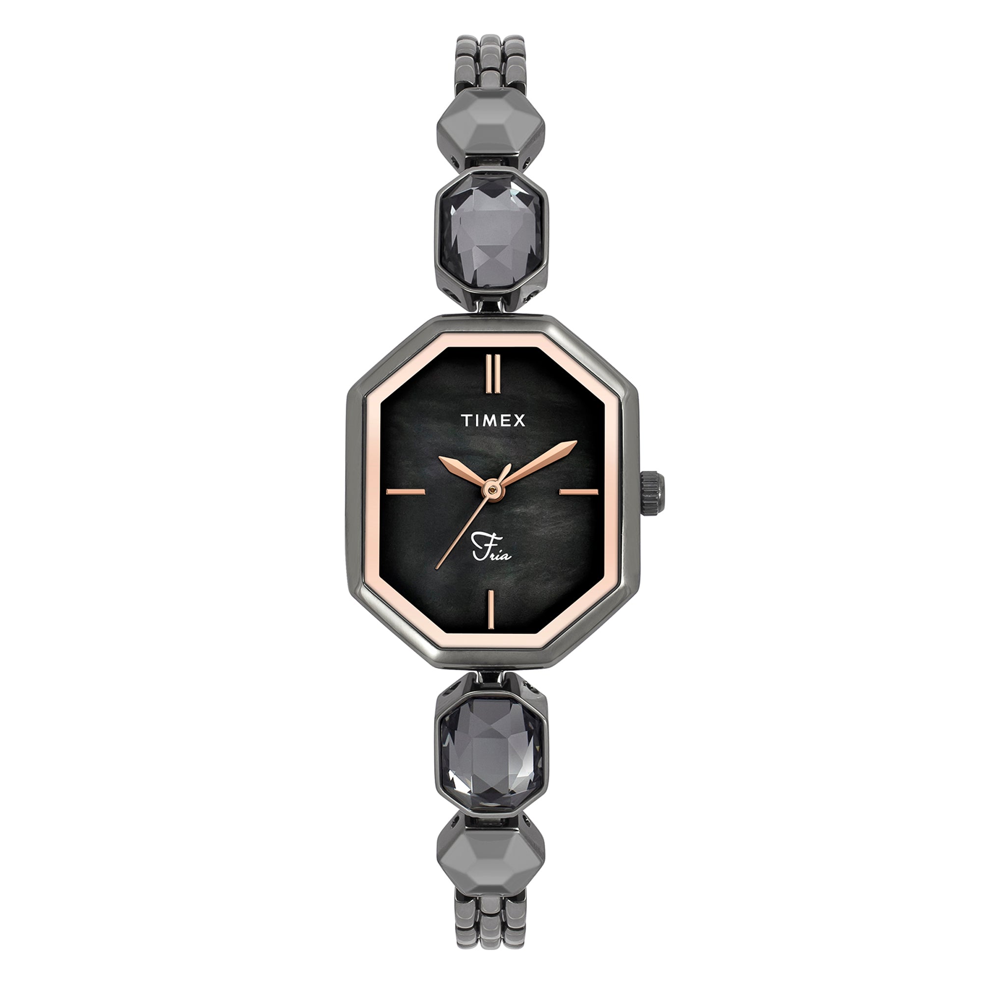 Timex TWEL21102 Quartz Analog Mother-of-Pearl Black Octagonal Dial Gunmetal Brass Bracelet Watch For Female
