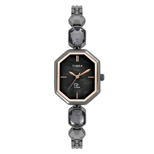 Timex TWEL21102 Quartz Analog Mother-of-Pearl Black Octagonal Dial Gunmetal Brass Bracelet Watch For Female