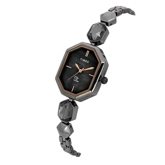 Timex TWEL21102 Quartz Analog Mother-of-Pearl Black Octagonal Dial Gunmetal Brass Bracelet Watch For Female