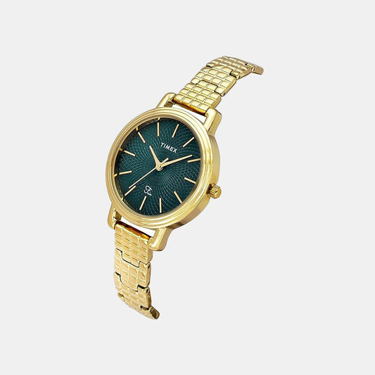 Timex TWEL23900 Quartz Analog Green Round Dial Gold-Tone Brass Bracelet Watch For Female