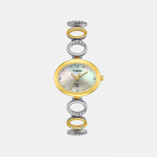 Timex TWEL24000 Quartz Analog Mother-of-Pearl White Round Dial Gold-Tone Brass Bracelet Watch For Female