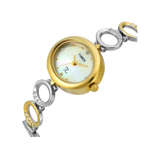 Timex TWEL24000 Quartz Analog Mother-of-Pearl White Round Dial Gold-Tone Brass Bracelet Watch For Female