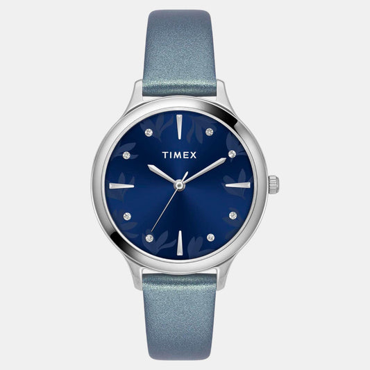 Timex TWTL12108 Blue Dial Blue Leather Strap Analog Women Watch – Round Case, Quartz Movement