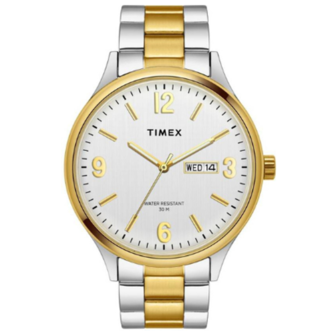 Timex TWEG18422 Silver Dial Two‑Tone Stainless Steel Bracelet Analog Men Watch – Round Case, Quartz Movement