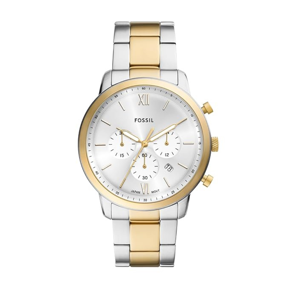 Fossil FS6112I Men's Quartz Chronograph Watch Silver Dial Two-Tone Stainless Steel Strap