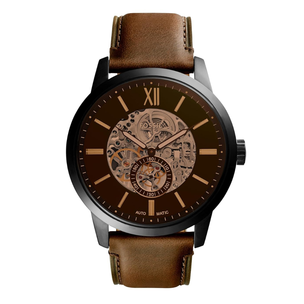 Fossil ME3155 Men's Automatic Skeleton Watch Black Skeleton Dial Brown Leather Strap