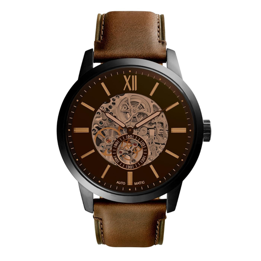 Fossil ME3155 Men's Automatic Skeleton Watch Black Skeleton Dial Brown Leather Strap