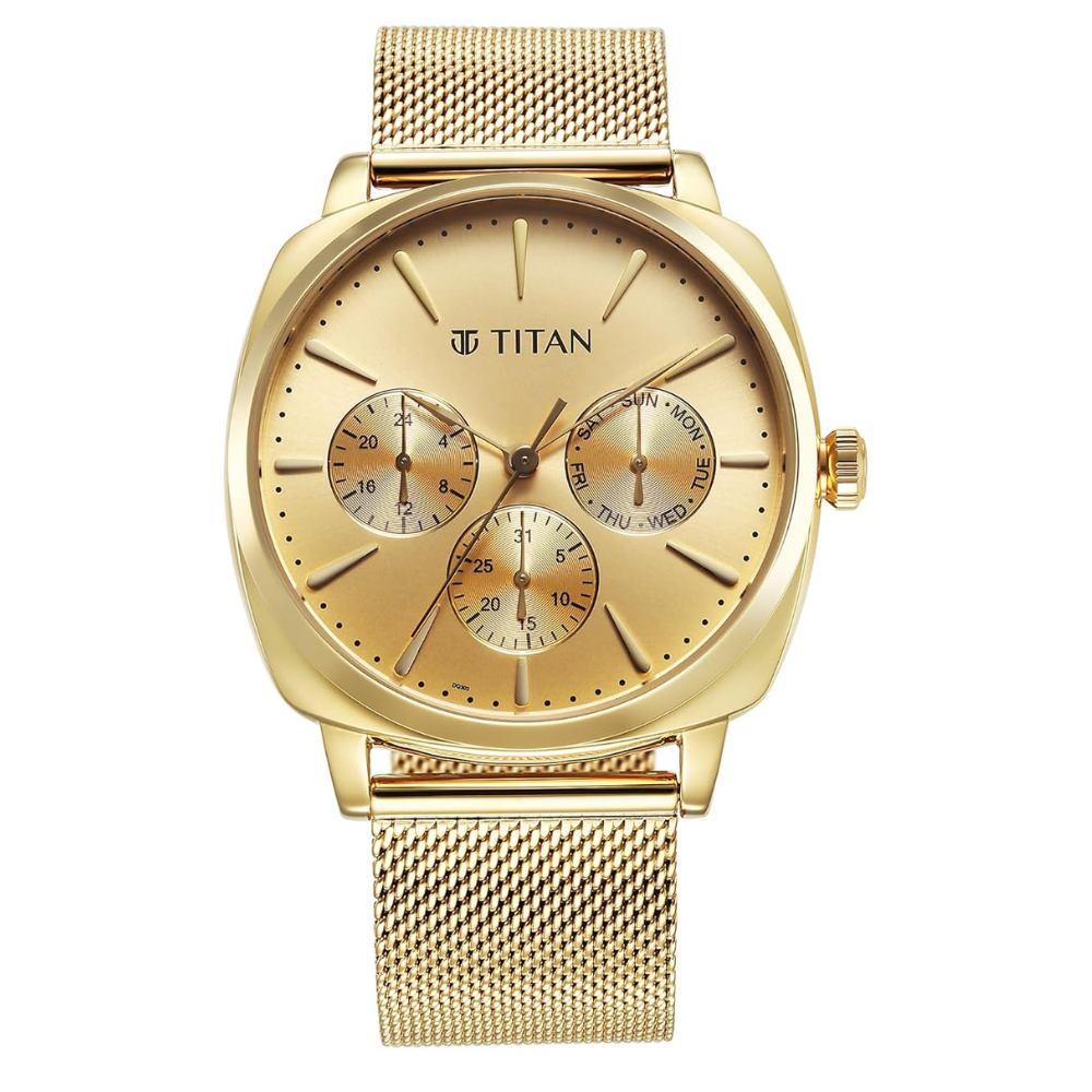 Titan NU90189YM02 Classique Suave Champagne Dial Multifunction Men's Gold Stainless Steel Mesh Watch