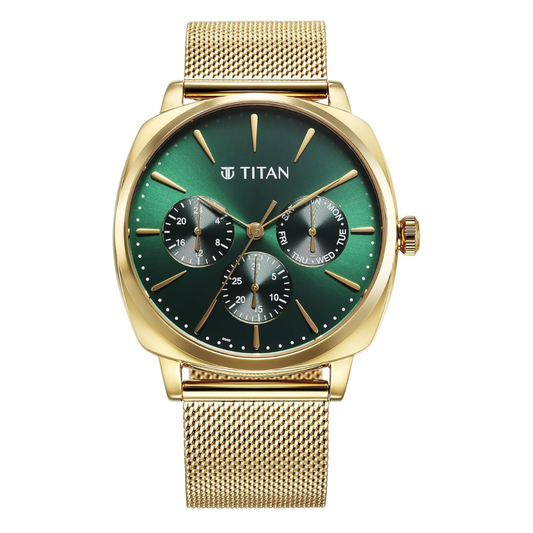 Titan 90189YM01 Classique Suave Green Dial Multifunction Men's Gold Mesh Strap Watch