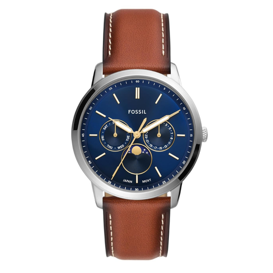 Fossil FS5903 Men's Quartz Moonphase Multifunction Watch Blue Dial Brown Leather Strap