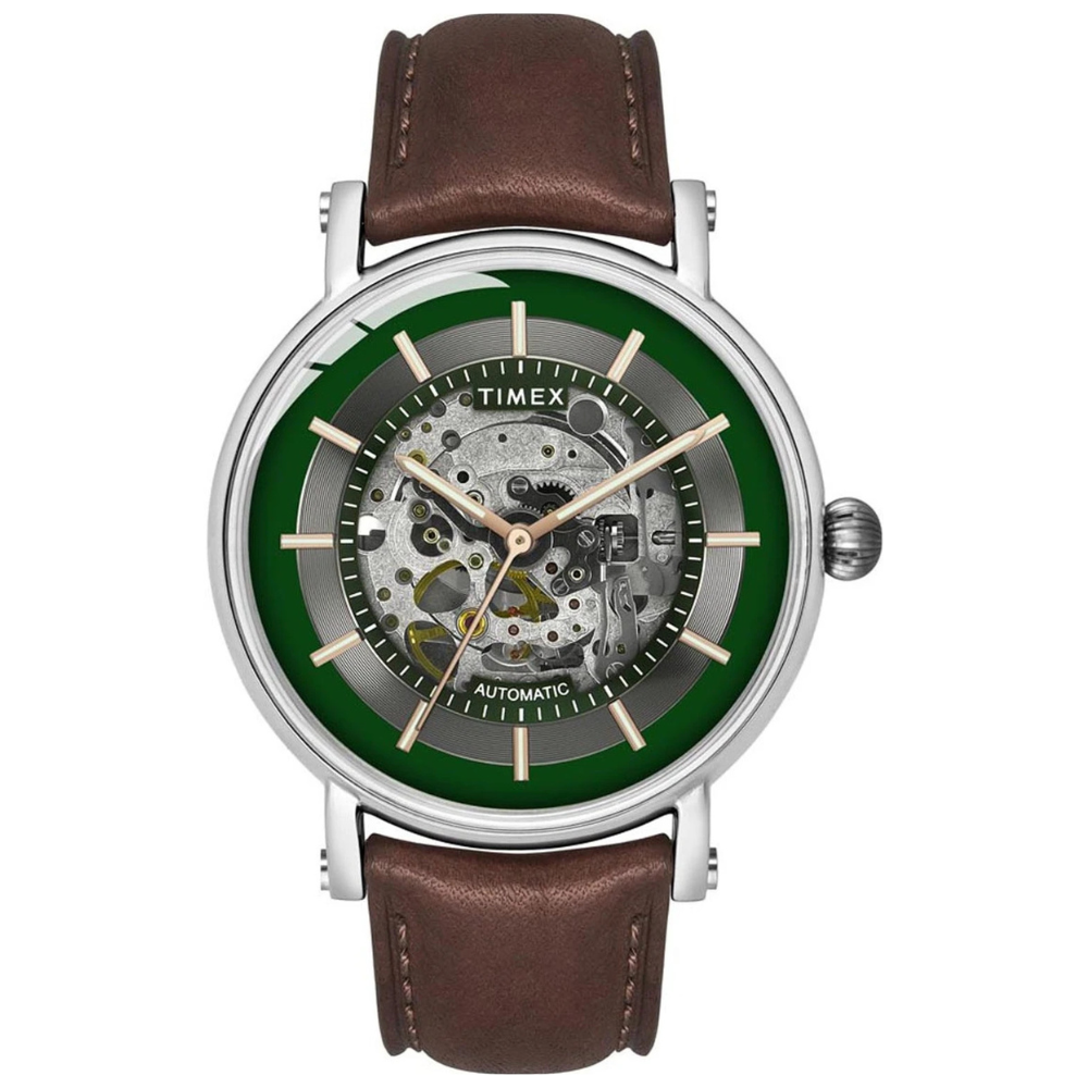 Timex 16717 E Class Automatic Skeleton Green Dial Brown Leather Men's Watch