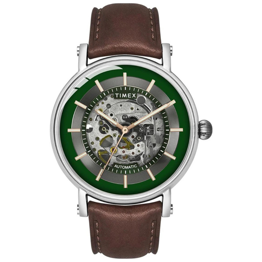 Timex 16717 E Class Automatic Skeleton Green Dial Brown Leather Men's Watch