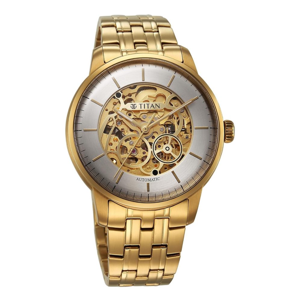 Titan 90110YM01 Golden Heart Automatic Skeleton Silver & Gold Dial Men's Stainless Steel Watch