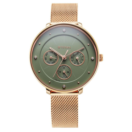 Titan 2651WM05 Neo Green Dial Multifunction Women's Rose Gold Stainless Steel Watch