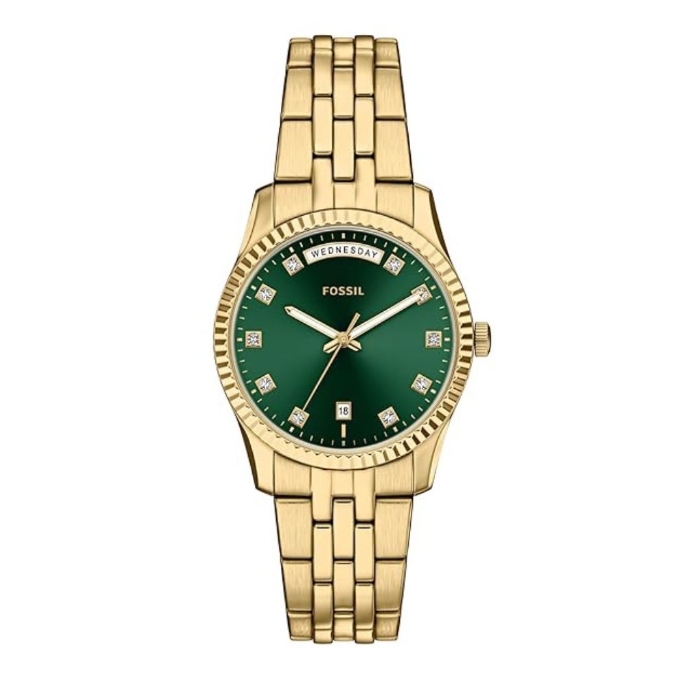 Fossil ES5460I Women's Quartz Day-Date Watch Green Dial Gold Stainless Steel Strap