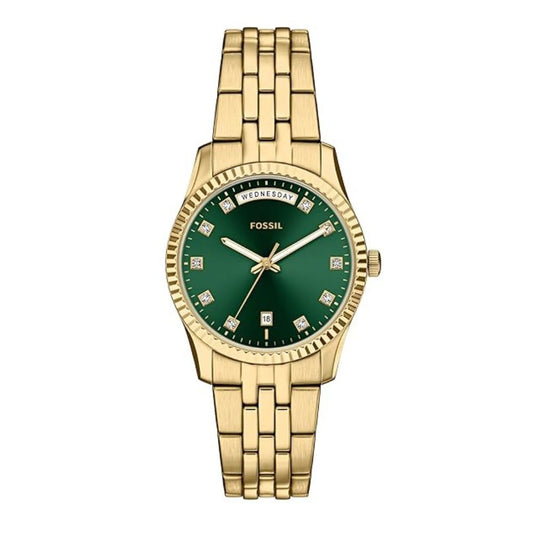 Fossil ES5460I Women's Quartz Day-Date Watch Green Dial Gold Stainless Steel Strap